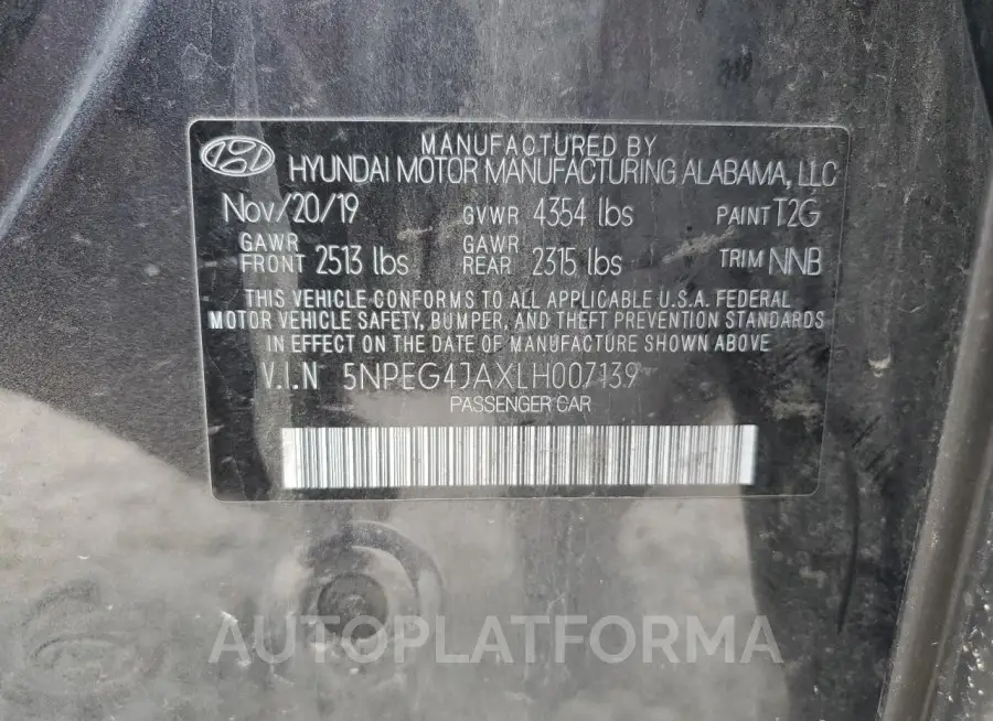 HYUNDAI SONATA SE 2020 vin 5NPEG4JAXLH007139 from auto auction Copart