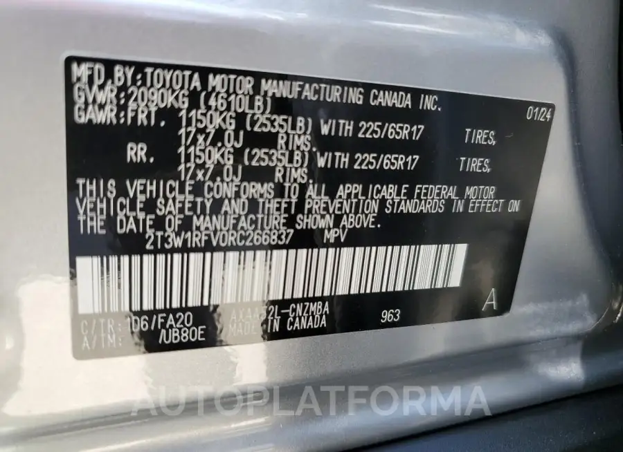 TOYOTA RAV4 XLE 2024 vin 2T3W1RFV0RC266837 from auto auction Copart