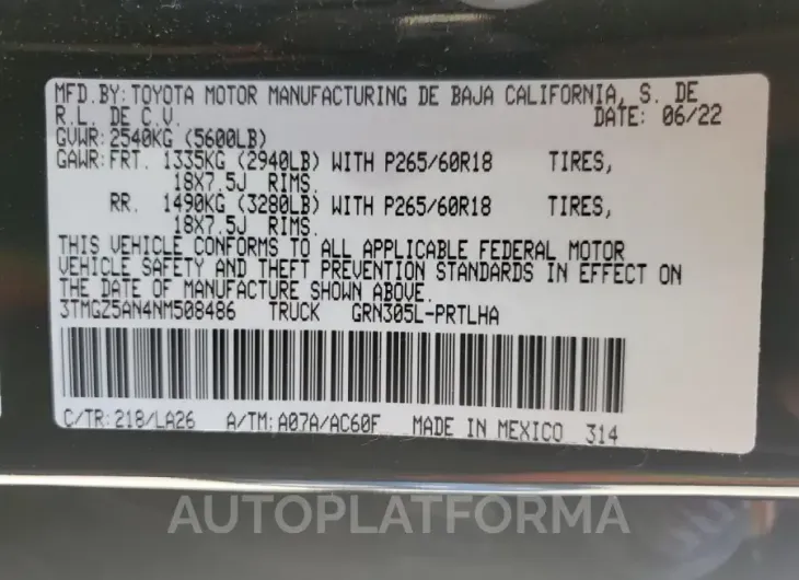 TOYOTA TACOMA DOU 2022 vin 3TMGZ5AN4NM508486 from auto auction Copart