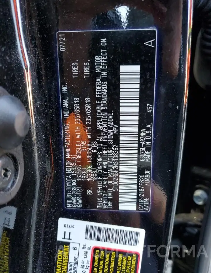 TOYOTA HIGHLANDER 2021 vin 5TDCZRBH2MS138362 from auto auction Copart