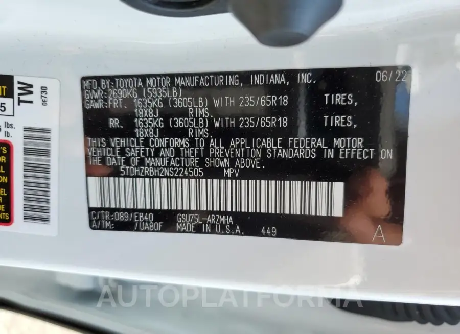 TOYOTA HIGHLANDER 2022 vin 5TDHZRBH2NS224505 from auto auction Copart