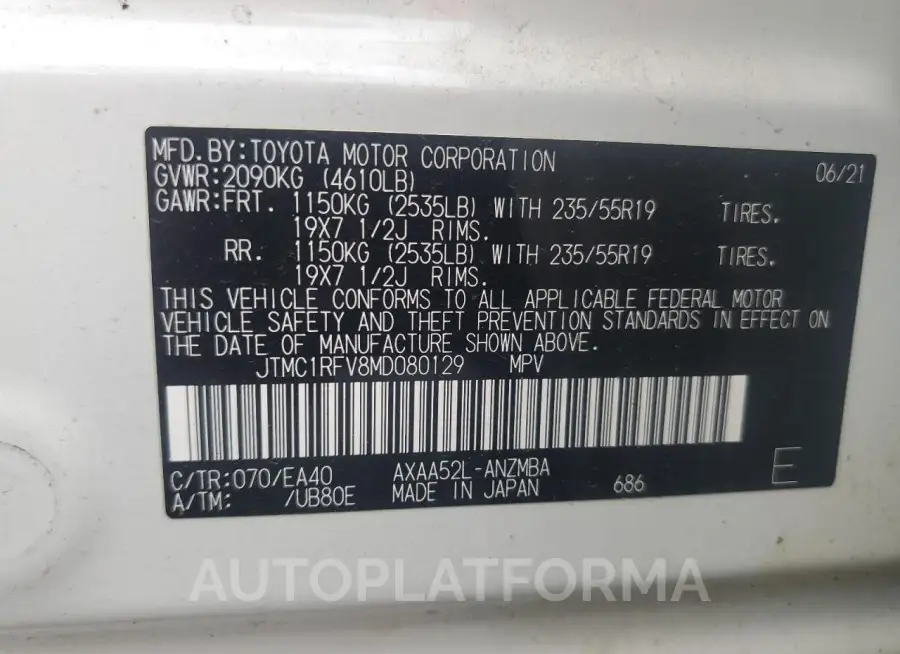 TOYOTA RAV4 XLE P 2021 vin JTMC1RFV8MD080129 from auto auction Copart