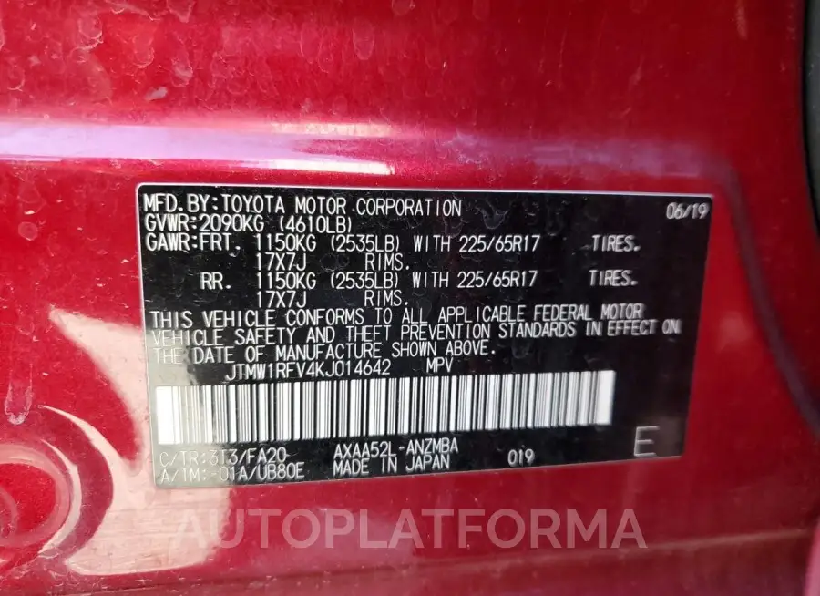 TOYOTA RAV4 XLE 2019 vin JTMW1RFV4KJ014642 from auto auction Copart