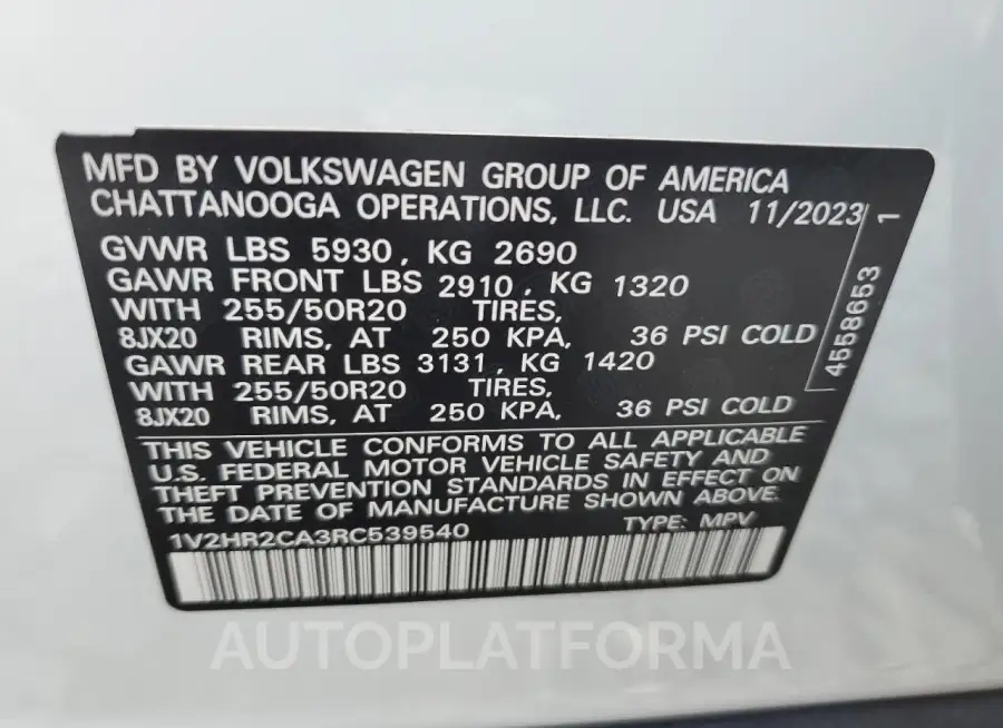 VOLKSWAGEN ATLAS SE 2024 vin 1V2HR2CA3RC539540 from auto auction Copart