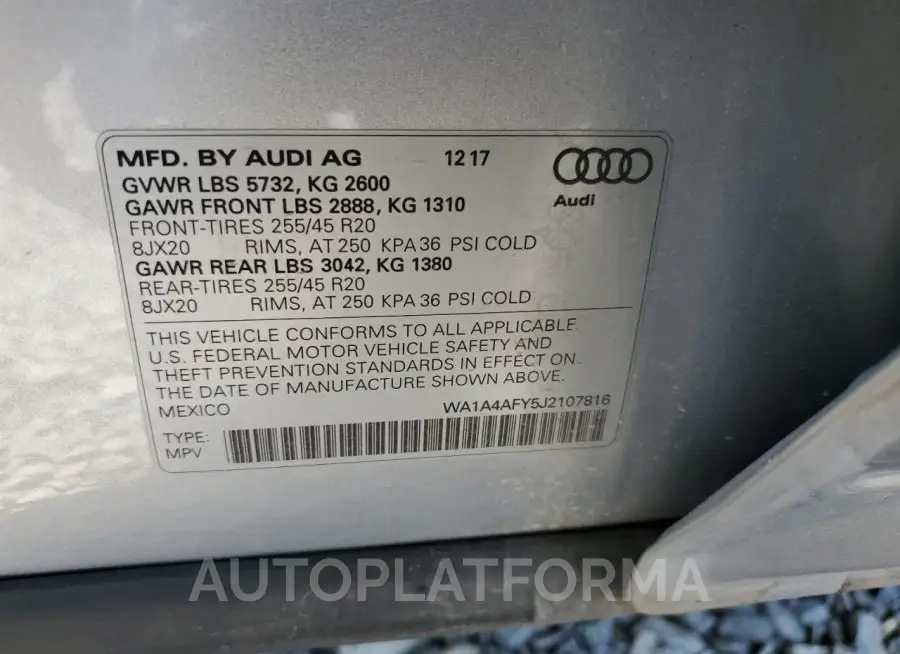 AUDI SQ5 PREMIU 2018 vin WA1A4AFY5J2107816 from auto auction Copart