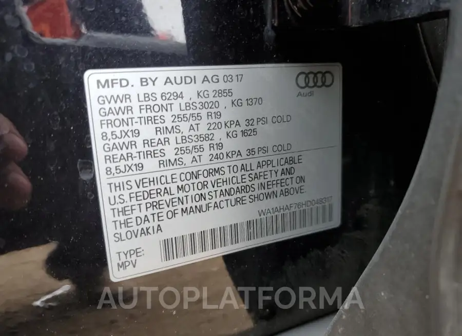 AUDI Q7 PREMIUM 2017 vin WA1AHAF76HD048317 from auto auction Copart