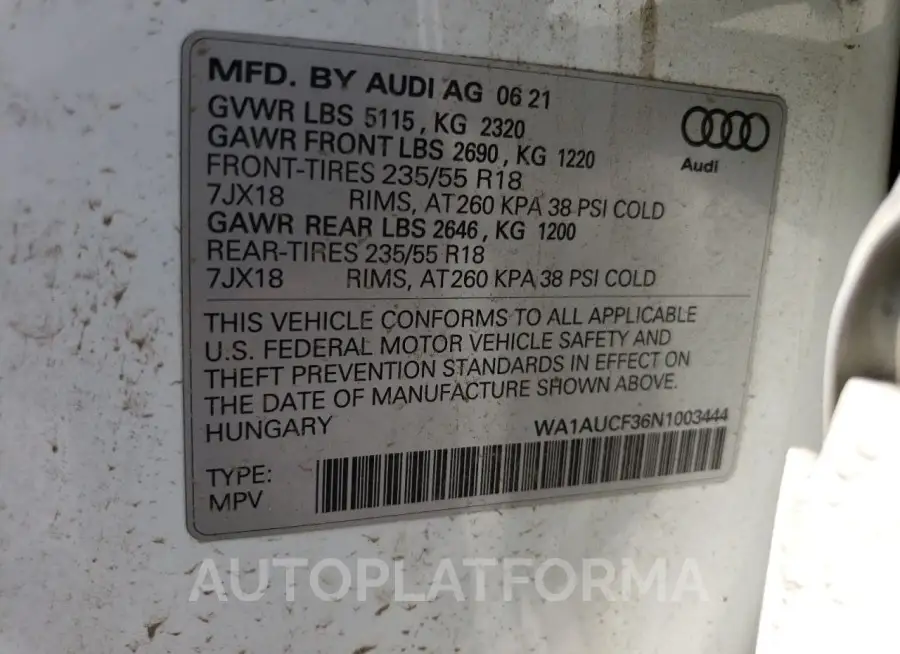 AUDI Q3 PREMIUM 2022 vin WA1AUCF36N1003444 from auto auction Copart