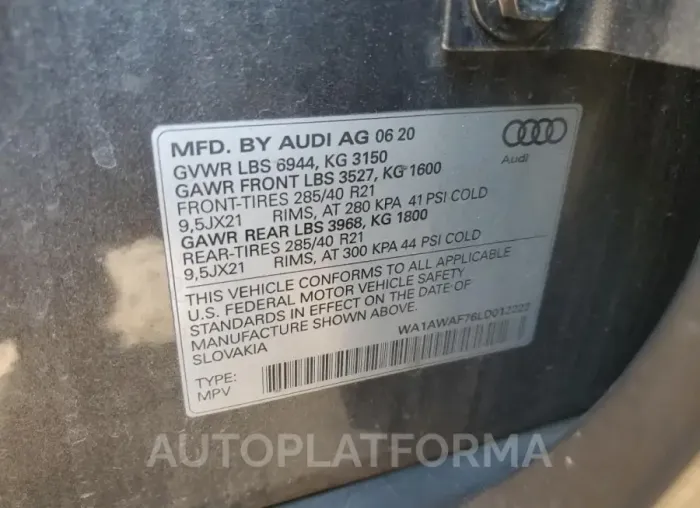 AUDI SQ7 PREMIU 2020 vin WA1AWAF76LD012223 from auto auction Copart