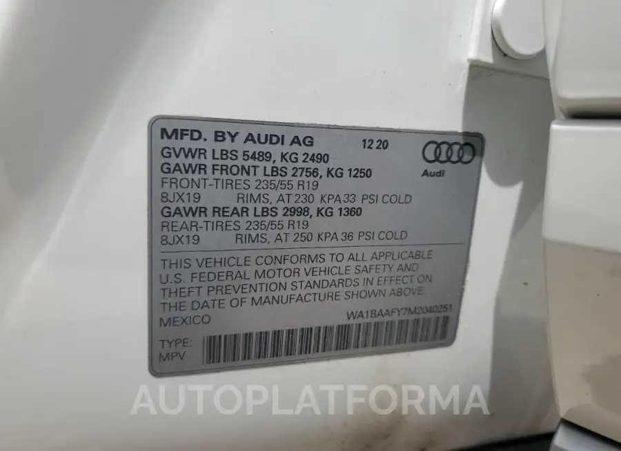 AUDI Q5 PREMIUM 2021 vin WA1BAAFY7M2040251 from auto auction Copart