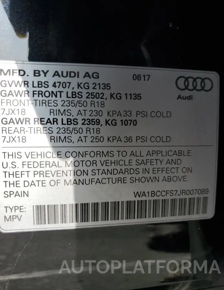 AUDI Q3 PREMIUM 2018 vin WA1BCCFS7JR007089 from auto auction Copart