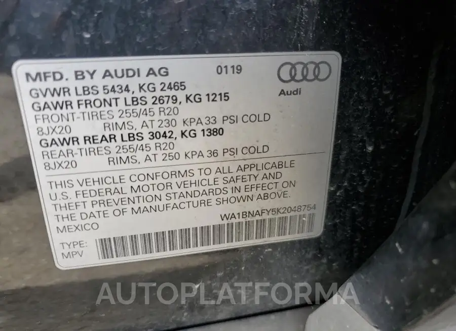 AUDI Q5 PREMIUM 2019 vin WA1BNAFY5K2048754 from auto auction Copart