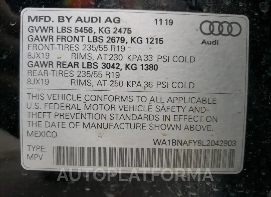 AUDI Q5 PREMIUM 2020 vin WA1BNAFY8L2042903 from auto auction Copart