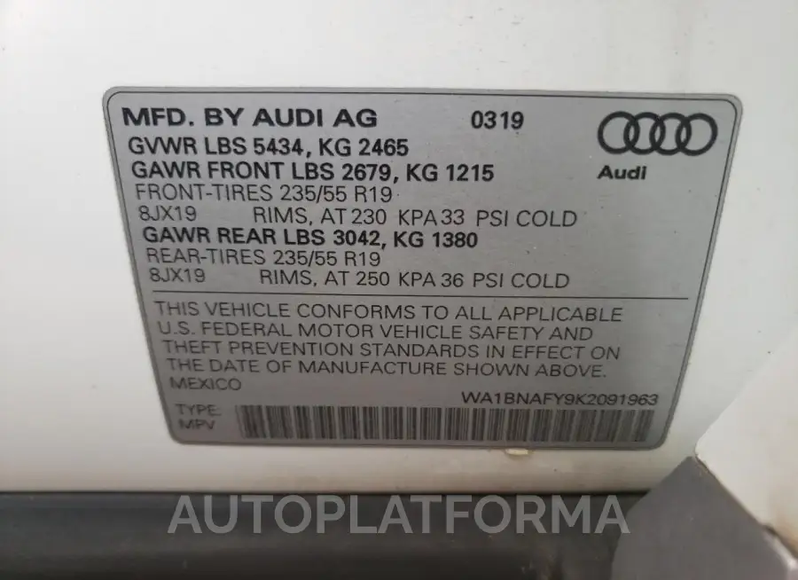 AUDI Q5 PREMIUM 2019 vin WA1BNAFY9K2091963 from auto auction Copart