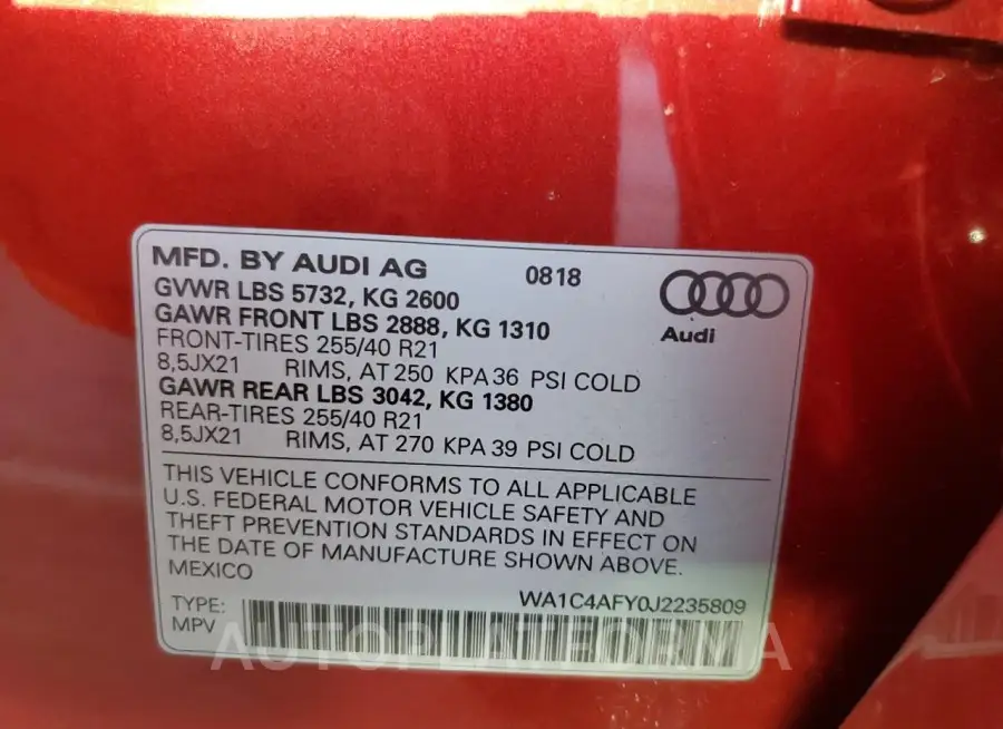 AUDI SQ5 PRESTI 2018 vin WA1C4AFY0J2235809 from auto auction Copart