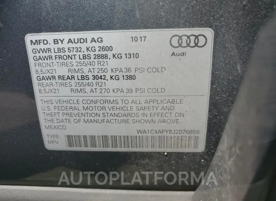 AUDI SQ5 PRESTI 2018 vin WA1C4AFY5J2076656 from auto auction Copart