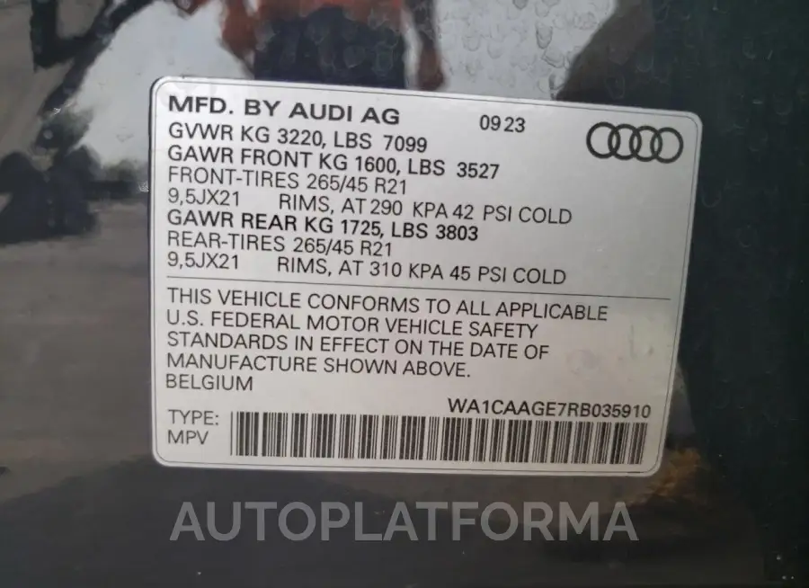 AUDI Q8 E-TRON 2024 vin WA1CAAGE7RB035910 from auto auction Copart