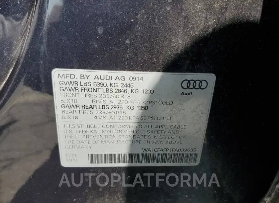 AUDI Q5 PREMIUM 2015 vin WA1CFAFP1FA039635 from auto auction Copart