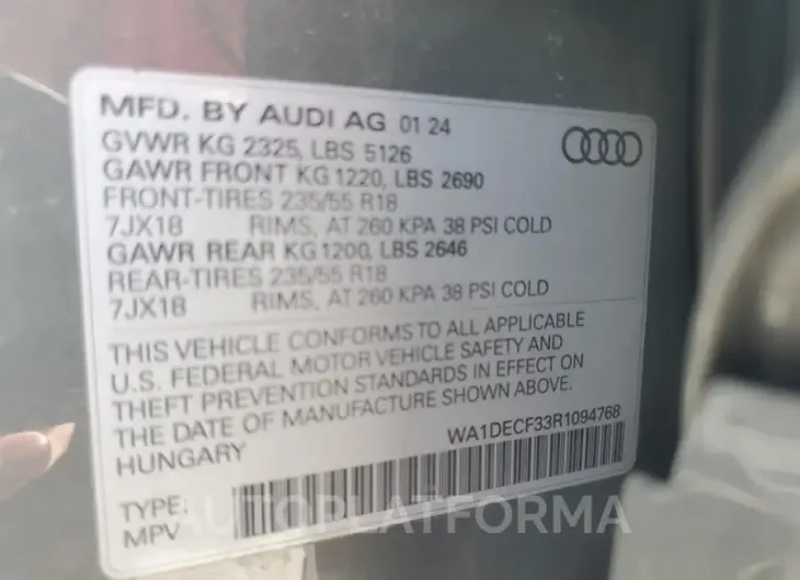 AUDI Q3 PREMIUM 2024 vin WA1DECF33R1094768 from auto auction Copart