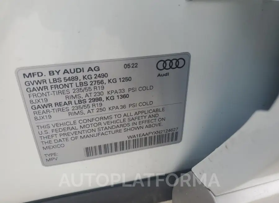 AUDI Q5 PREMIUM 2022 vin WA1EAAFYXN2124627 from auto auction Copart