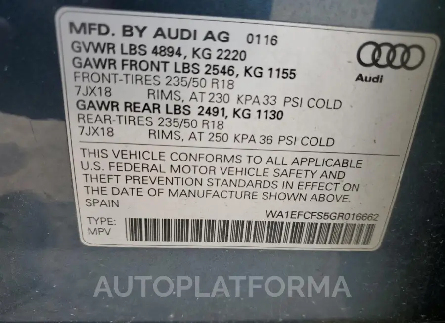 AUDI Q3 PREMIUM 2016 vin WA1EFCFS5GR016662 from auto auction Copart