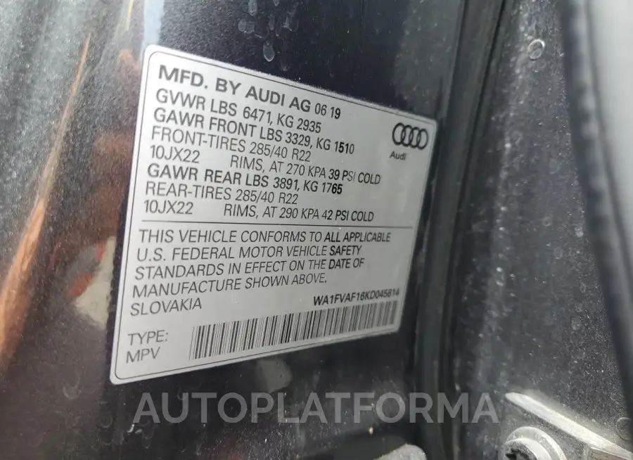 AUDI Q8 PRESTIG 2019 vin WA1FVAF16KD045614 from auto auction Copart