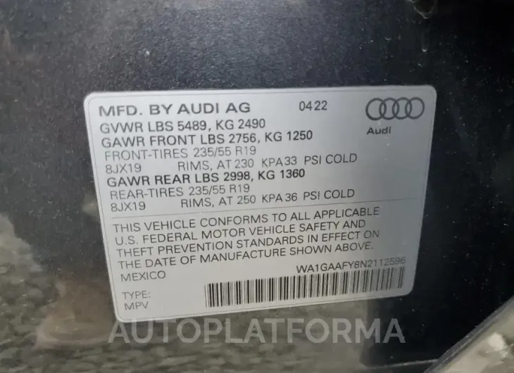 AUDI Q5 PREMIUM 2022 vin WA1GAAFY8N2112596 from auto auction Copart