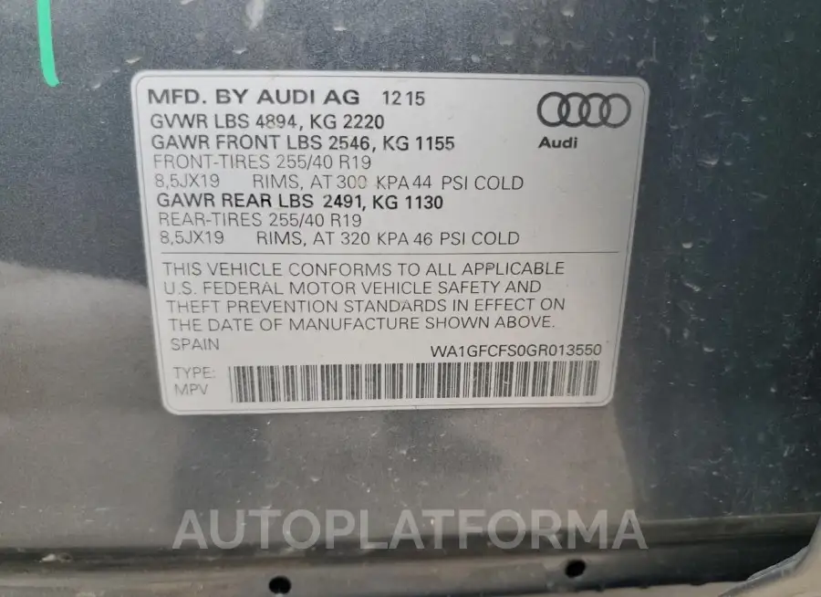 AUDI Q3 PRESTIG 2016 vin WA1GFCFS0GR013550 from auto auction Copart