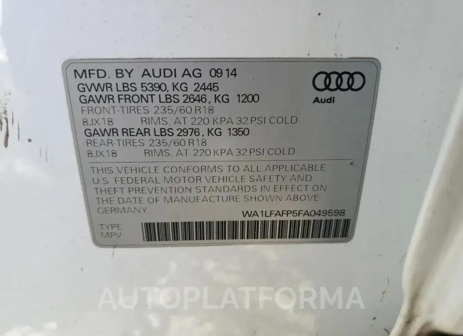 AUDI Q5 2015 vin WA1LFAFP5FA049598 from auto auction Copart