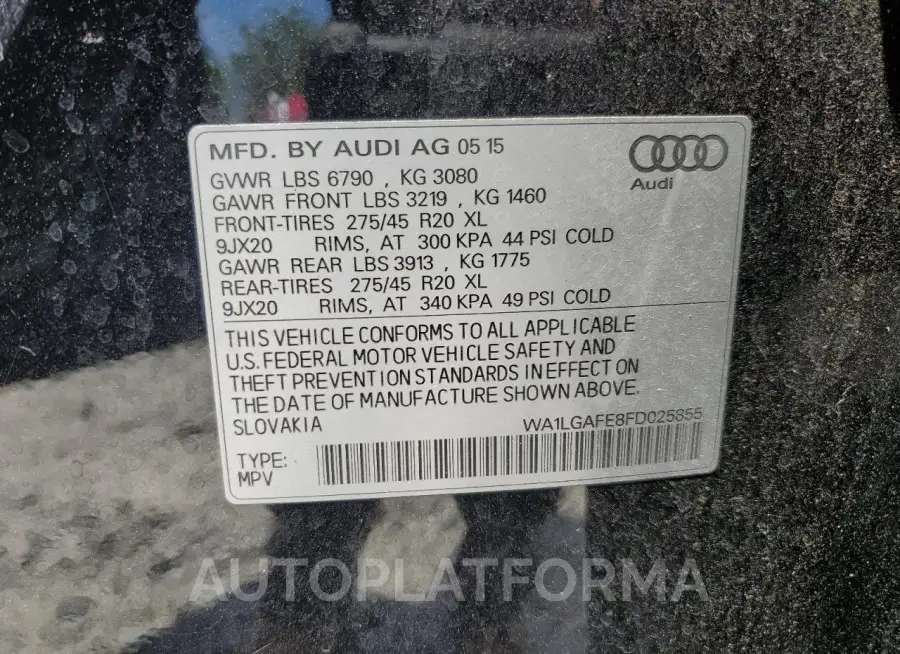 AUDI Q7 PREMIUM 2015 vin WA1LGAFE8FD025855 from auto auction Copart