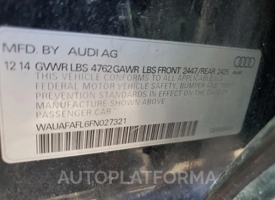 AUDI A4 PREMIUM 2015 vin WAUAFAFL6FN027321 from auto auction Copart