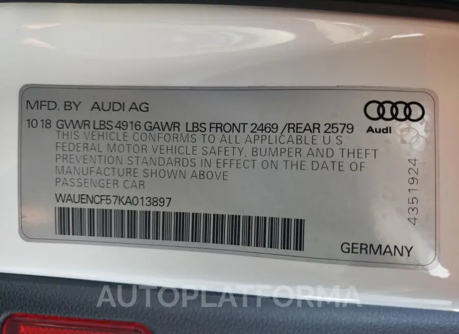 AUDI A5 PREMIUM 2019 vin WAUENCF57KA013897 from auto auction Copart