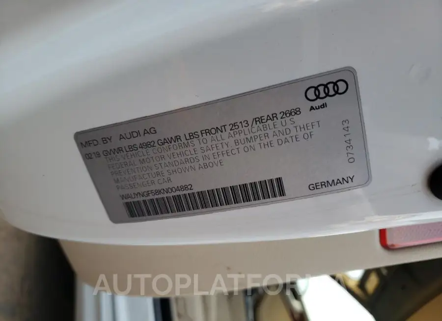 AUDI A5 PREMIUM 2019 vin WAUYNGF58KN004882 from auto auction Copart