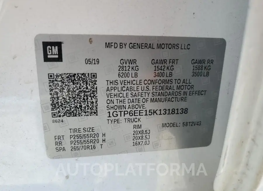 GMC CANYON DEN 2019 vin 1GTP6EE15K1318138 from auto auction Copart