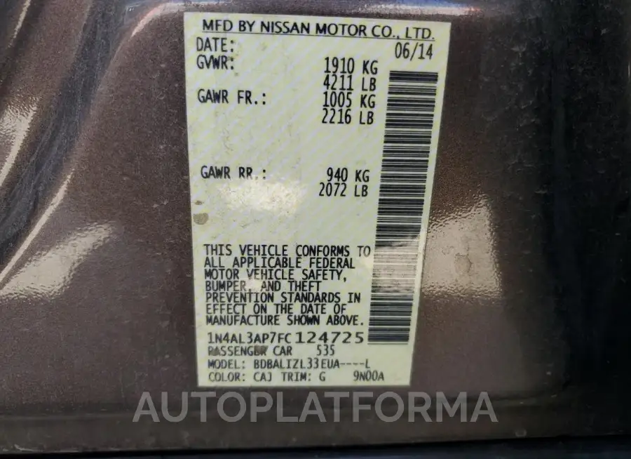 NISSAN ALTIMA 2.5 2015 vin 1N4AL3AP7FC124725 from auto auction Copart