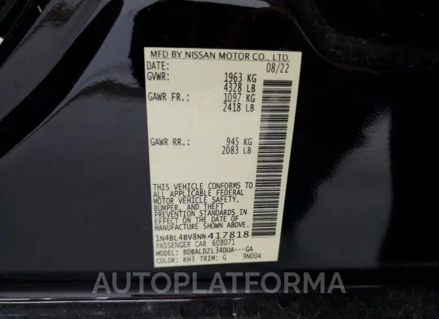 NISSAN Altima S 2022 vin 1N4BL4BV8NN417818 from auto auction Copart