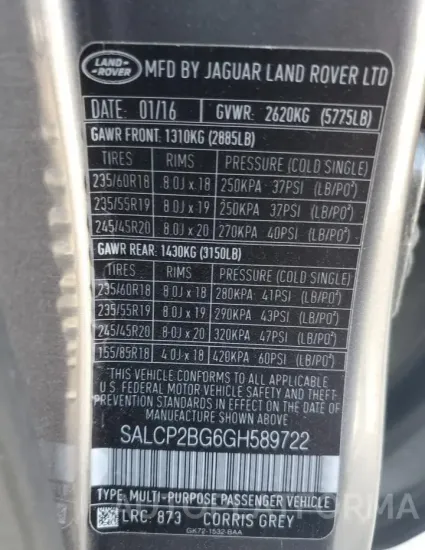 LAND ROVER DISCOVERY 2016 vin SALCP2BG6GH589722 from auto auction Copart