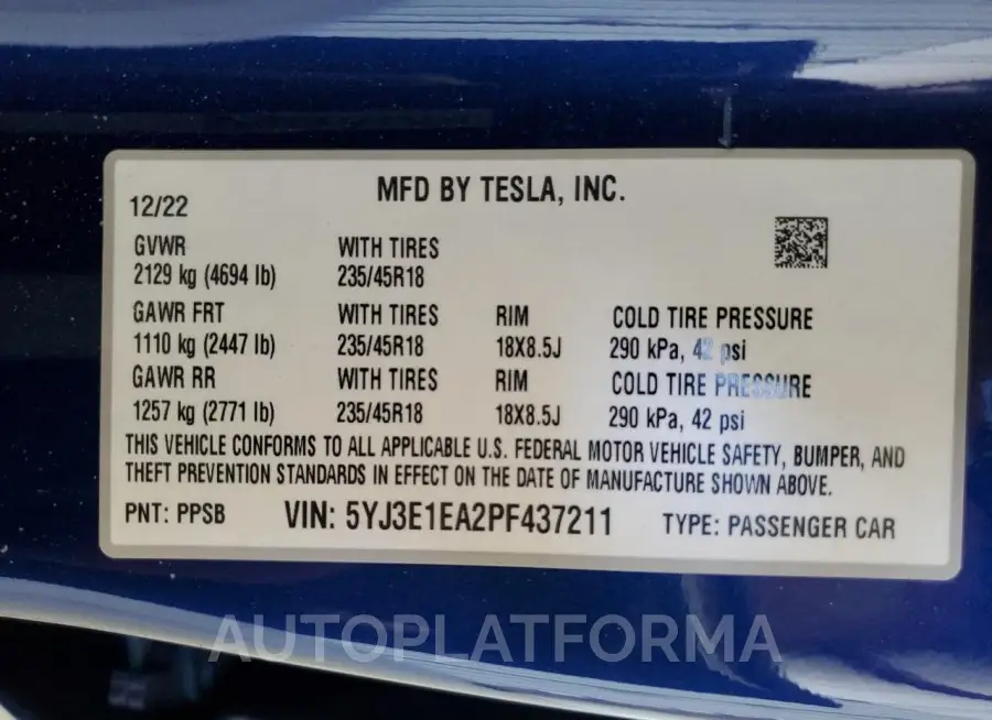 TESLA MODEL 3 2023 vin 5YJ3E1EA2PF437211 from auto auction Copart