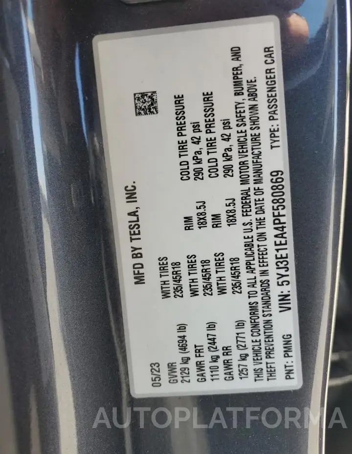 TESLA MODEL 3 2023 vin 5YJ3E1EA4PF580869 from auto auction Copart