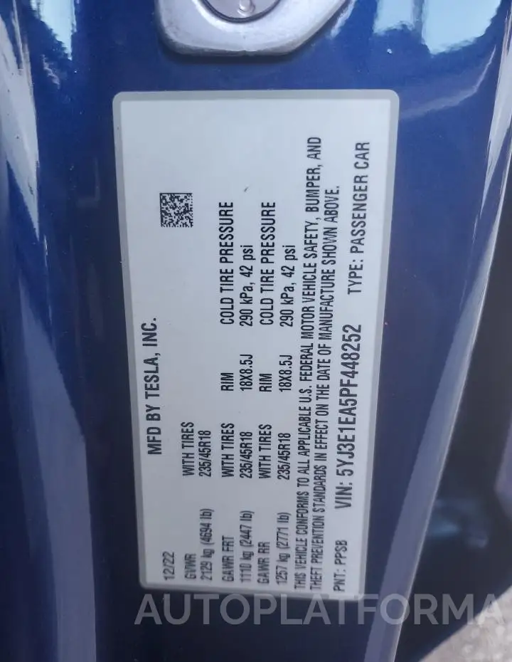 TESLA MODEL 3 2023 vin 5YJ3E1EA5PF448252 from auto auction Copart