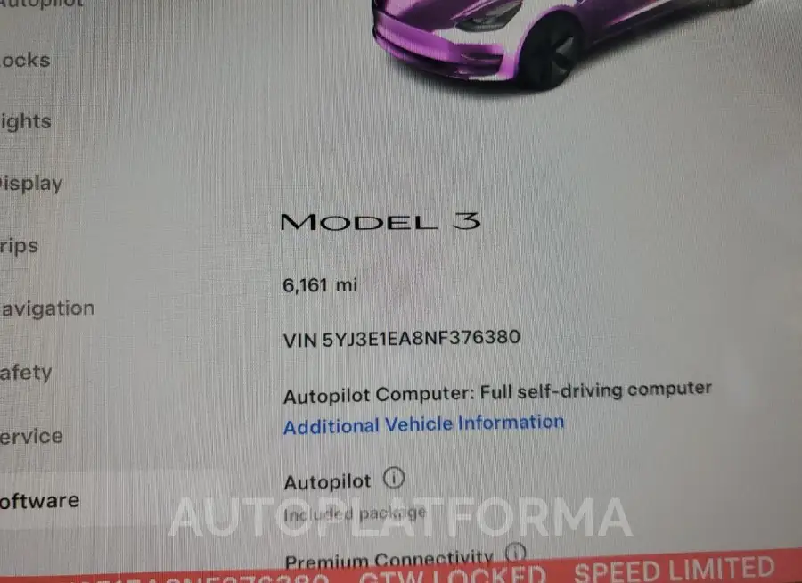 TESLA MODEL 3 2022 vin 5YJ3E1EA8NF376380 from auto auction Copart