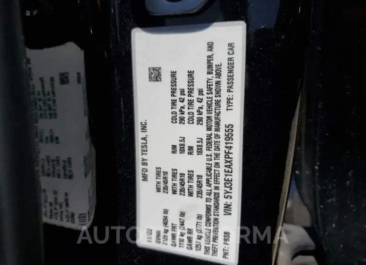 TESLA MODEL 3 2022 vin 5YJ3E1EAXPF419555 from auto auction Copart