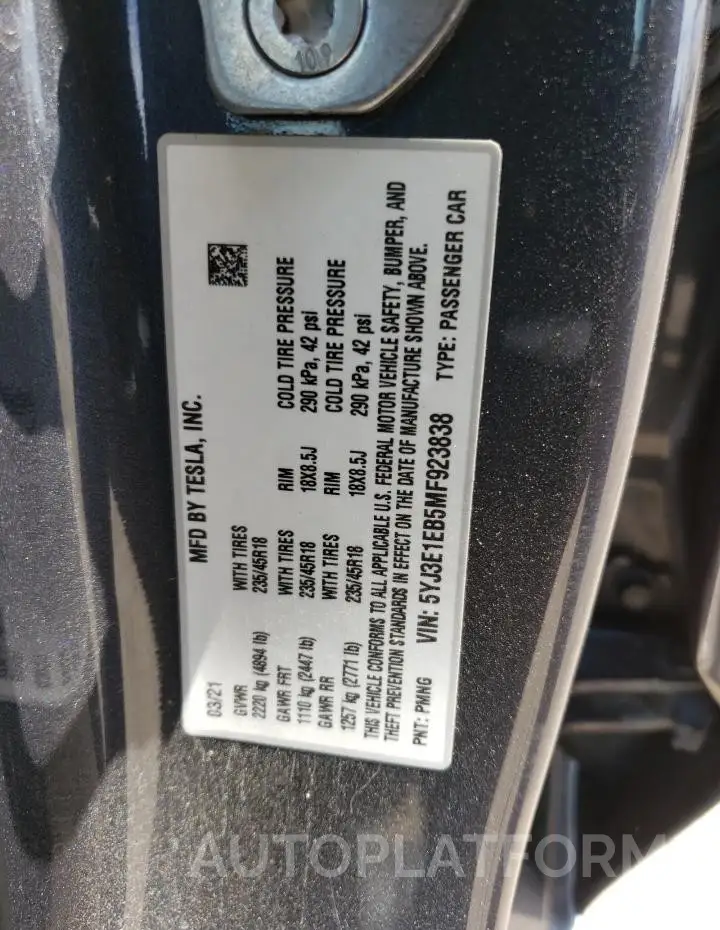 TESLA MODEL 3 2021 vin 5YJ3E1EB5MF923838 from auto auction Copart