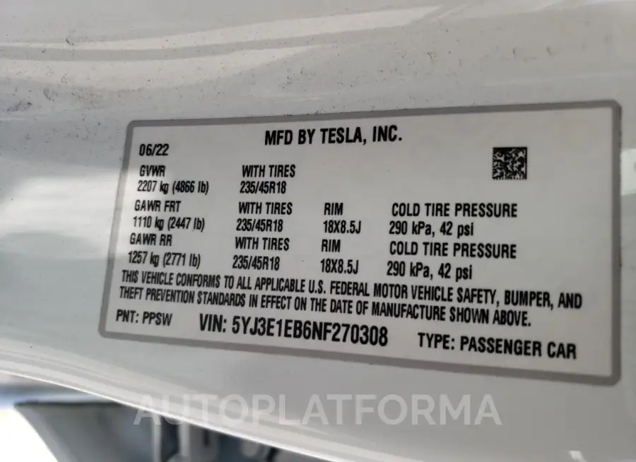 TESLA MODEL 3 2022 vin 5YJ3E1EB6NF270308 from auto auction Copart