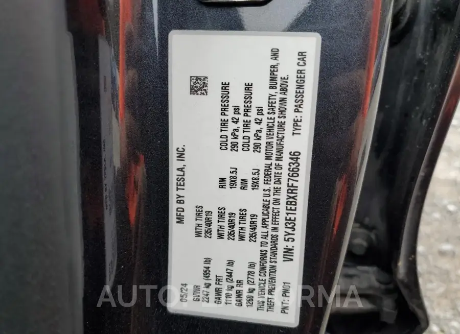 TESLA MODEL 3 2024 vin 5YJ3E1EBXRF766346 from auto auction Copart