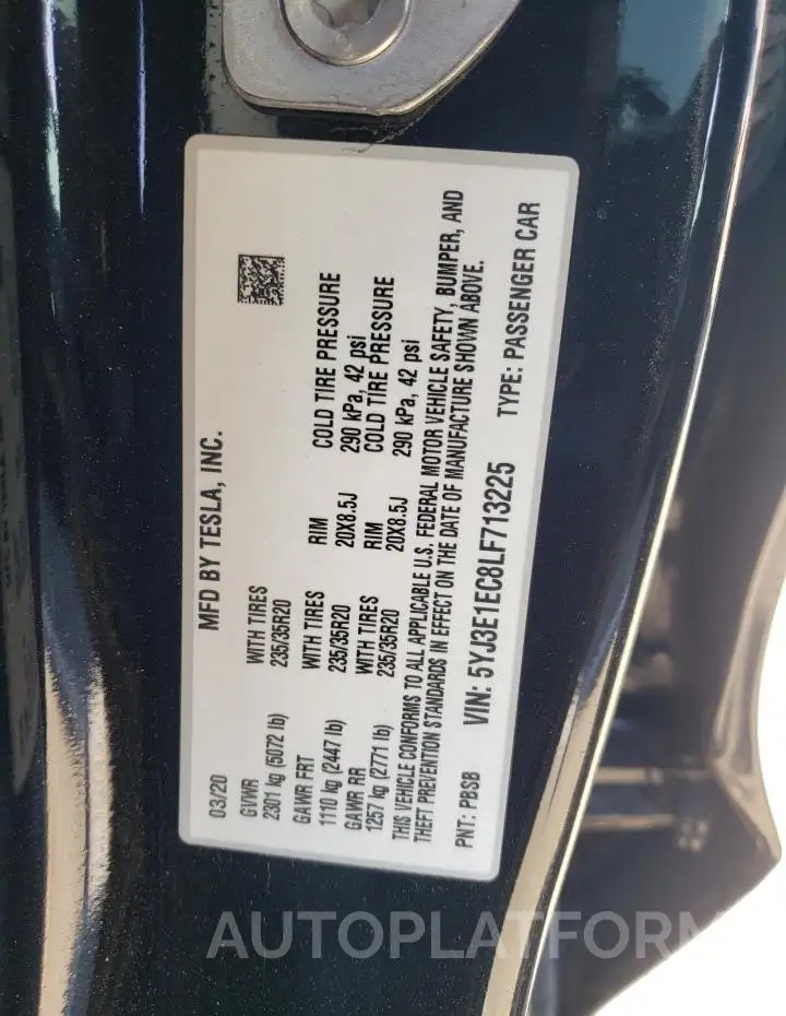 TESLA MODEL 3 2020 vin 5YJ3E1EC8LF713225 from auto auction Copart