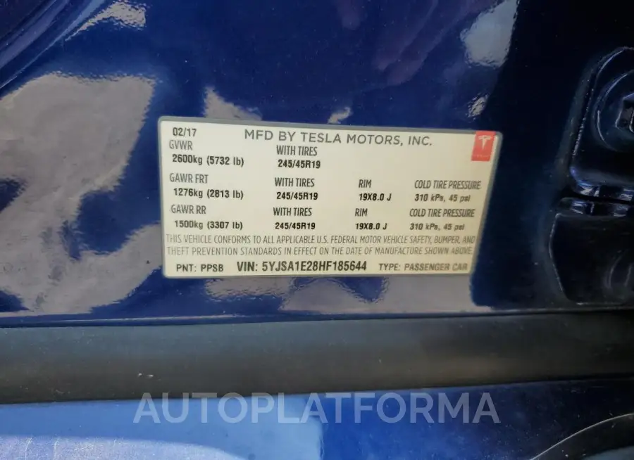 TESLA MODEL S 2017 vin 5YJSA1E28HF185644 from auto auction Copart