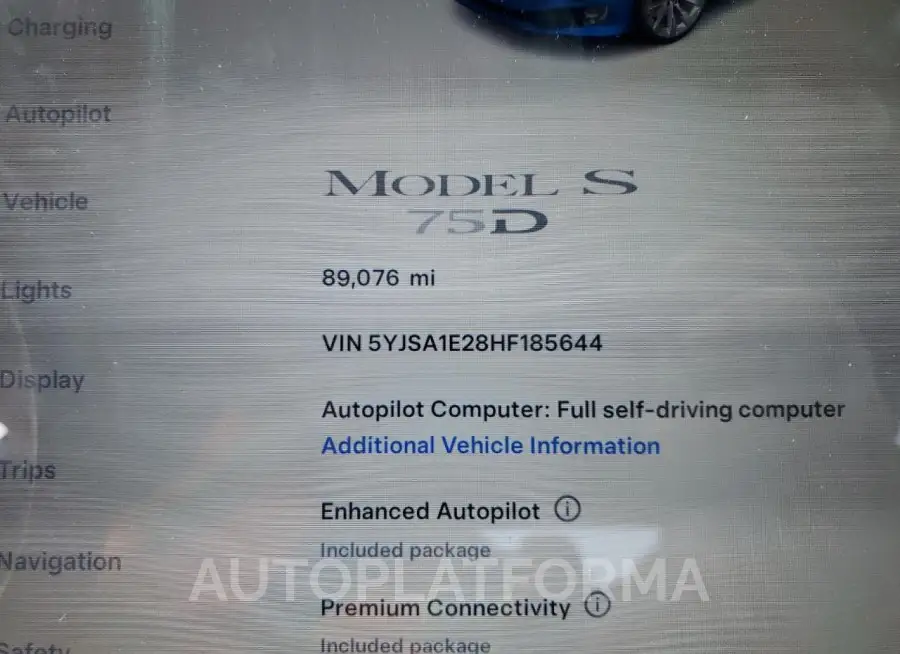 TESLA MODEL S 2017 vin 5YJSA1E28HF185644 from auto auction Copart