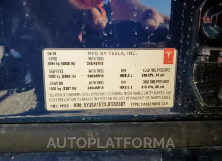 TESLA MODEL S 2018 vin 5YJSA1E2XJF283807 from auto auction Copart