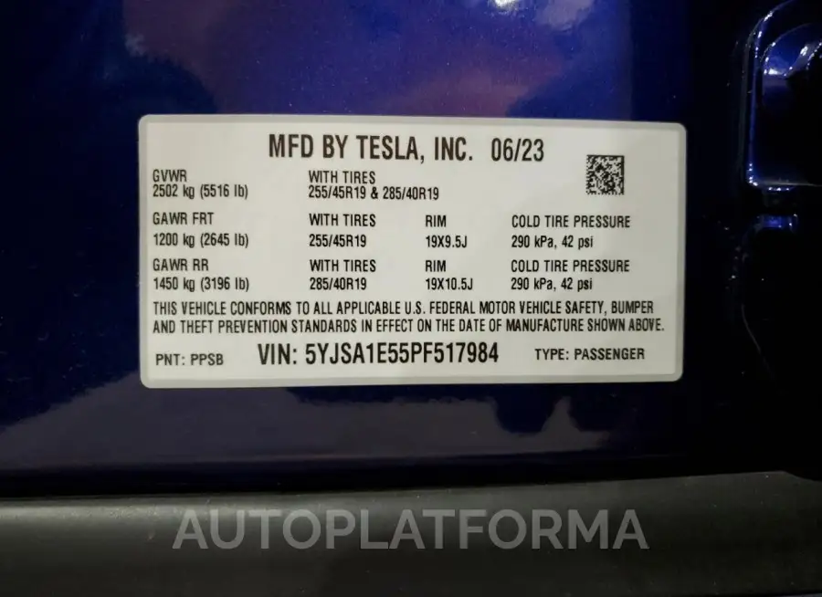 TESLA MODEL S 2023 vin 5YJSA1E55PF517984 from auto auction Copart