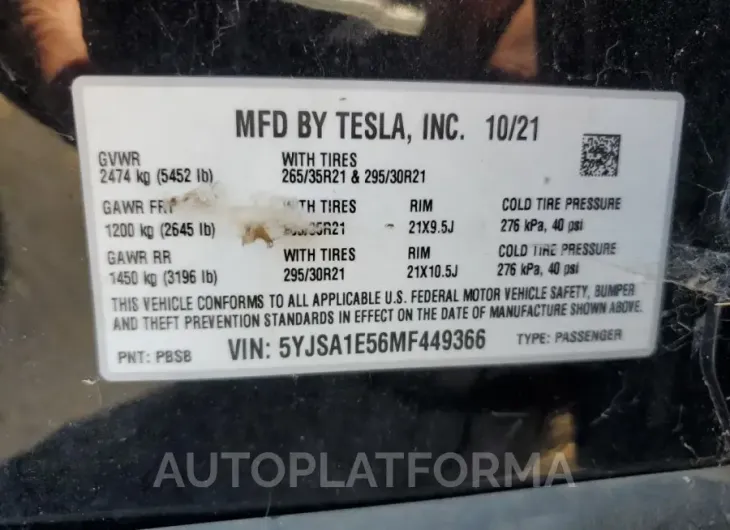 TESLA MODEL S 2021 vin 5YJSA1E56MF449366 from auto auction Copart